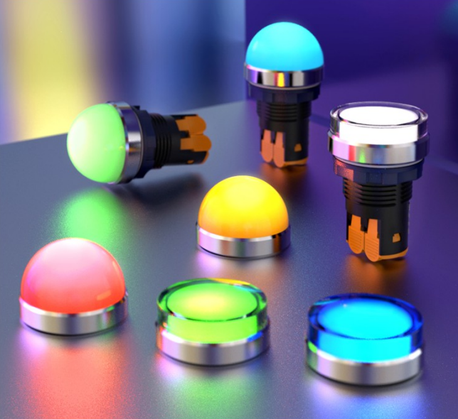 Industrial control components including push buttons and emergency stop switches